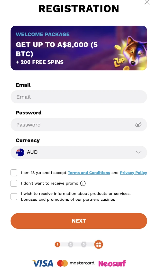 Level Up casino registration form